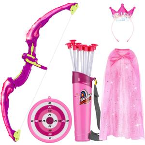Bow and Arrow for Kids, LED Light Up Archery Set with Princess Cape and Crown, 10 Suction Cup Arrows, Target & Quivers, Outdoor Toy for Girls Aged 3-8, Birthday Gifts Toys for 4 5 6 7 8 Year Old