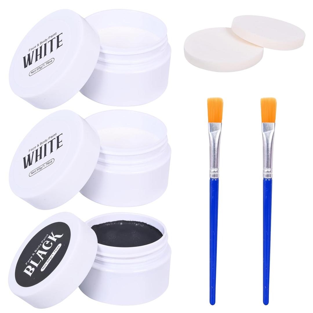 2 x Halloween Black and White Face Paint Kit - 7pcs Large Capacity Facepaint for Adult Clown SFX Zombie Special Effects Makeup With Brushes & Sponges