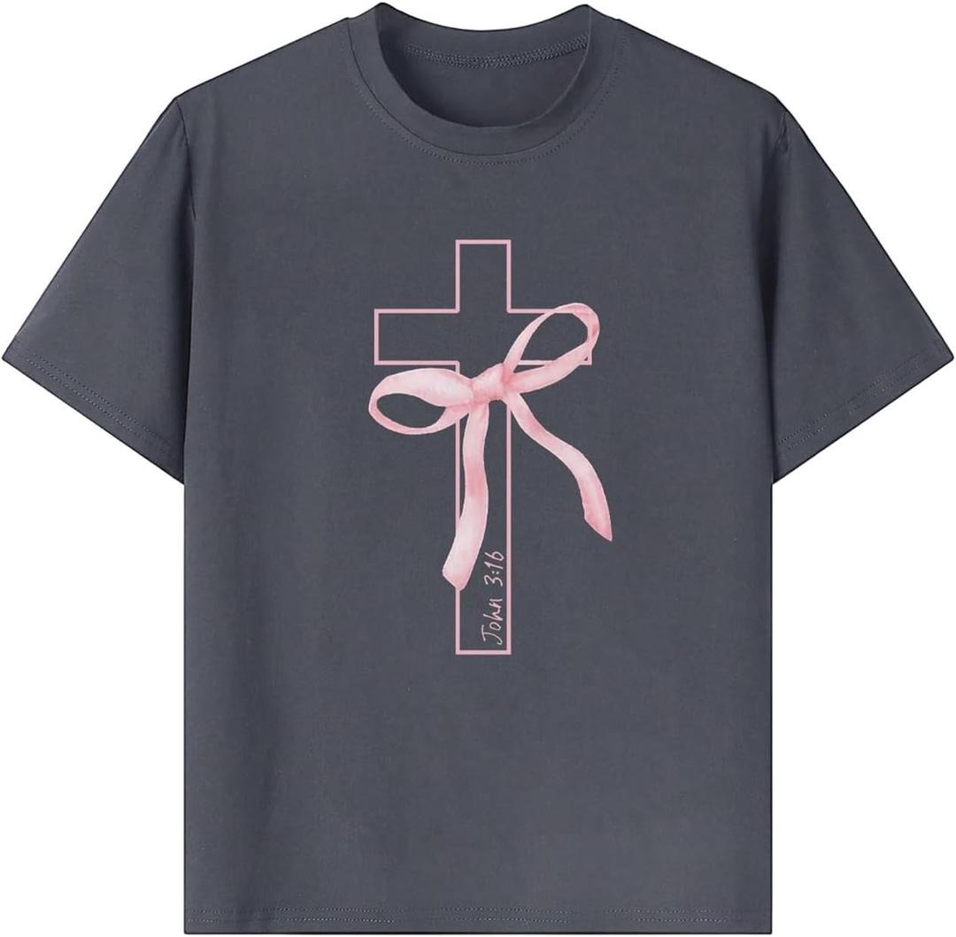 RoseSeek Girl's Bowknot Cross Graphic Tees Crew Neck Short Sleeve T Shirts Streetwear Tops (Dark Grey, 11Y)