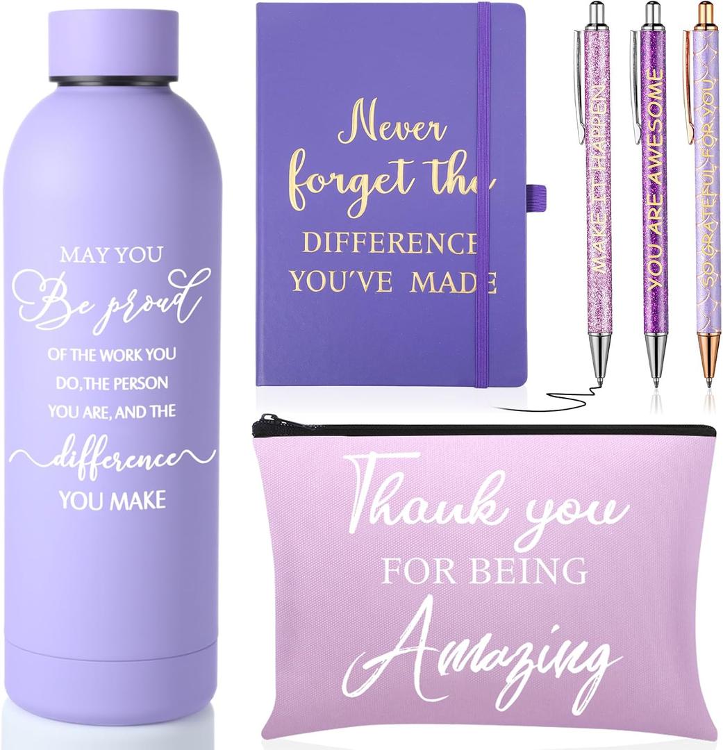 6 Pcs Christmas Employee Appreciation Gift Set 17 oz Stainless Steel Frosted Water Bottle Makeup Bag Notebook Ballpoint Pens Thank You Gift for Xmas Teacher Nurse Colleague (Purple)