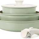 KIKCOIN Pots and Pans Set Nonstick, Ceramic Cookware Set Detachable Handle, Induction Kitchen Cookware Set with Removable Handle, Healthy Non Stick RV Cookware, Dishwasher  Oven Safe, PFOA Free (5 Pieces with 1 Lid/Handle, Green)