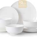KINGSTONE 12-Piece Bone China Dinnerware Set for 4, Lightweight Porcelain Round Plates and Bowls Set, Durable Scratch Resistant Ceramic Dinner Set, Microwave & Dishwasher Safe, Ivory White