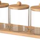 3 Pcs Cotton Swab Ball Pad Holder, 10 Oz Clear Holder Dispenser Containers for Bathroom Organizers and Storage with Bamboo Lids and Tray