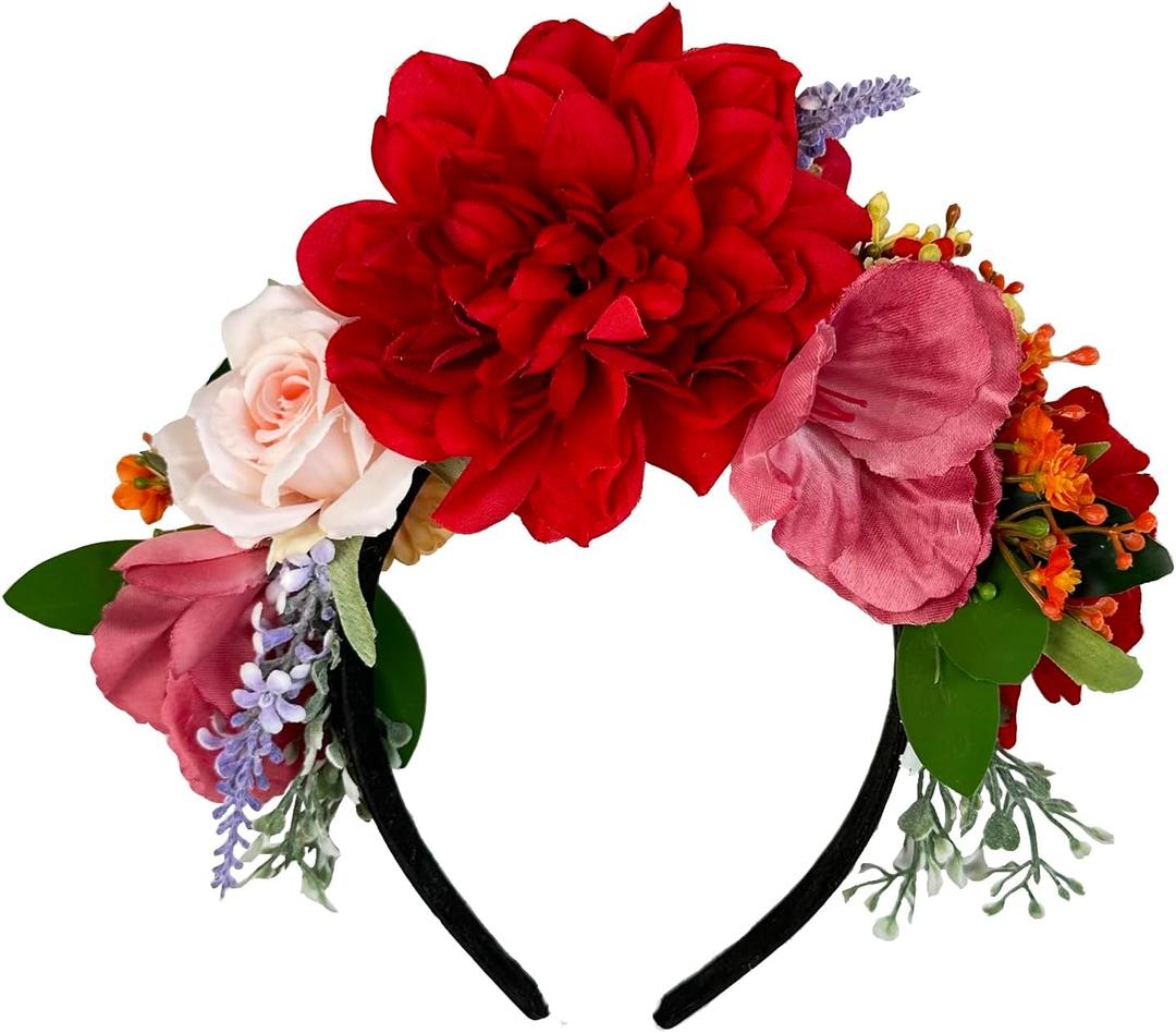 Vividsun Mexican Flower Crown Day of the dead Headpiece Party Fiesta Flower Headband (red rose hairband)