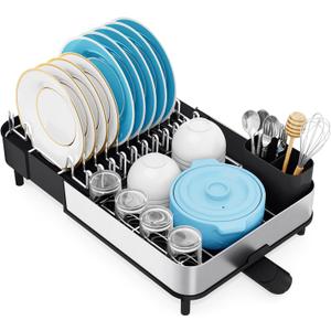 Dish Drying Rack, 304 Stainless Steel Dish Drainer with Removable Utensil Holder & Drain Board, Rustproof Space-Saving Dish Rack for Kitchen Countertop, Black