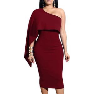 GOBLES Women's Summer Sexy One Shoulder Ruffle Bodycon Midi Cocktail Dress (Burgundy) XL GOBLES Women's Summer Sexy One Shoulder Ruffle Bodycon Midi Cocktail Dress (Burgundy) XL