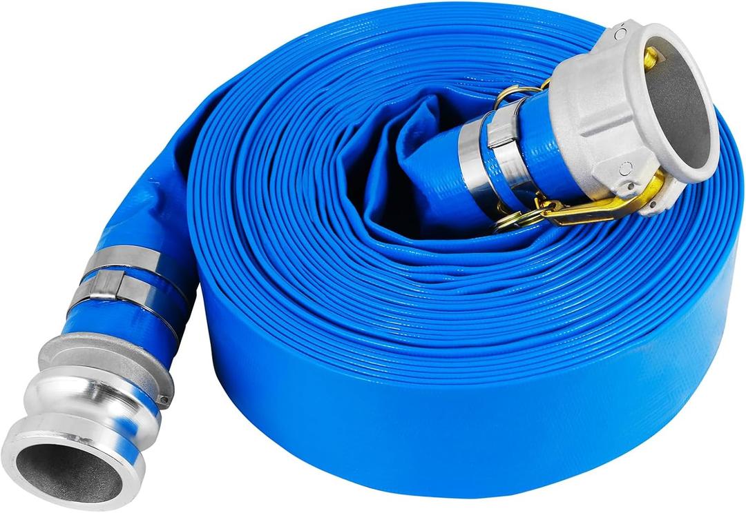 2'' x 50 Ft Discharge Hose, Heavy Duty PVC Lay Flat Water Backwash Hose,Durable Pool Drain Hose with Aluminum CE Fittings for Water Pump And Filters