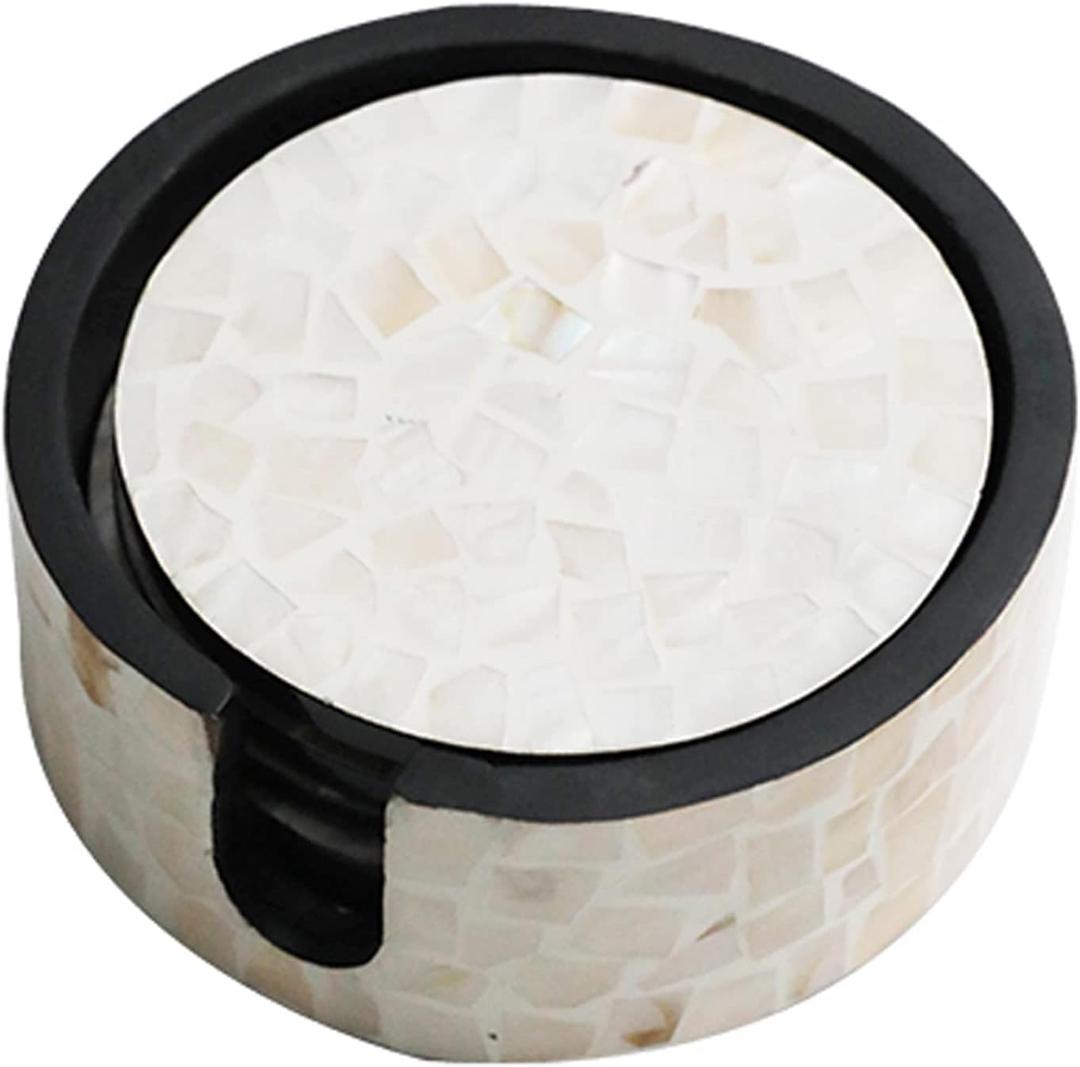 I-lan 6 Pack Mother of Pearl Coasters with Holder, 4.3 x 4.3 x 0.25 Inch Shiny Cream Seashell Inlay Round Cup Holder, Decorative Coasters Capiz Shell Trivet for Coffee Table, Beige and White 