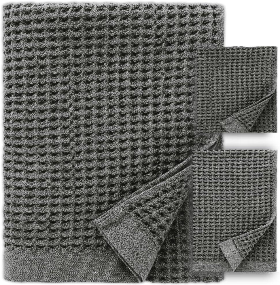 ONSEN Waffle Bath Sheet Set 3-Piece Cotton Bundle with Bath Sheet, Hand and Face Towels,  Lightweight, Quick Dry, and Absorbent Ideal for Bathroom, Gym, Guest Use, Cinder Grey