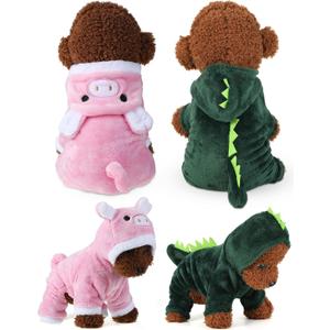 Queekay 2 Pieces Cute Dog Costume Halloween Cat Clothes Pink Pig PET Costume Design Dinosaur Clothing Puppy Outfits PET Hoodie Warm Dress up Clothes for Puppies and Kitten(Small)