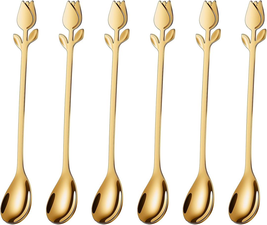 Gold Tulip/Rose Handle Tea Spoons 6-Pcs Set - 6" Stainless Steel for Mini Coffee Spoons, Espresso, Dessert - Ideal for Demitasse & Small Servings