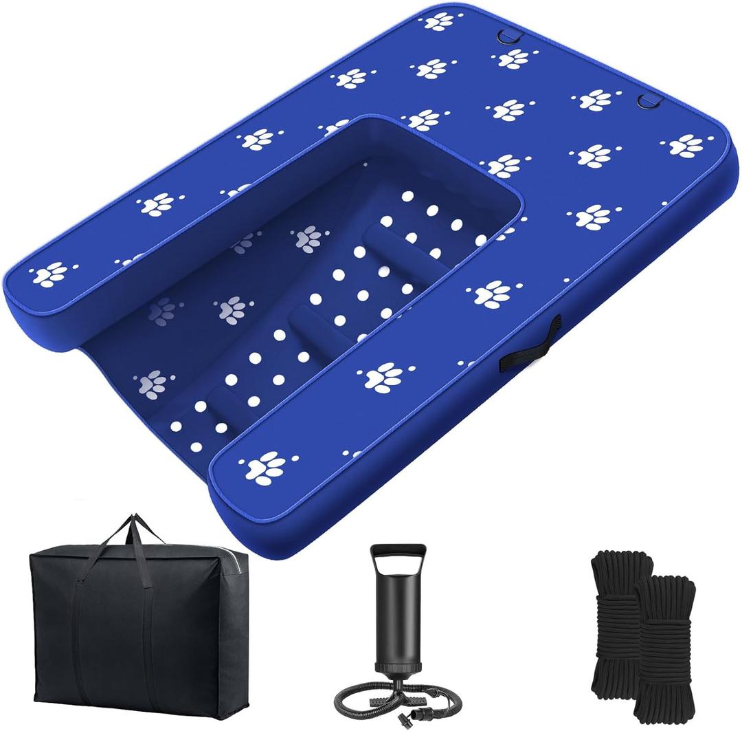 Inflatable Dock Platform, Dog Boat Ramp Floating Non-Slip Oxford and PVC with Water Ramp for Dogs Pool, Dock, Lake with Traction Rope, Manual Air Inflation Pump Dark Blue (4.7ft x 3ft x 6in)