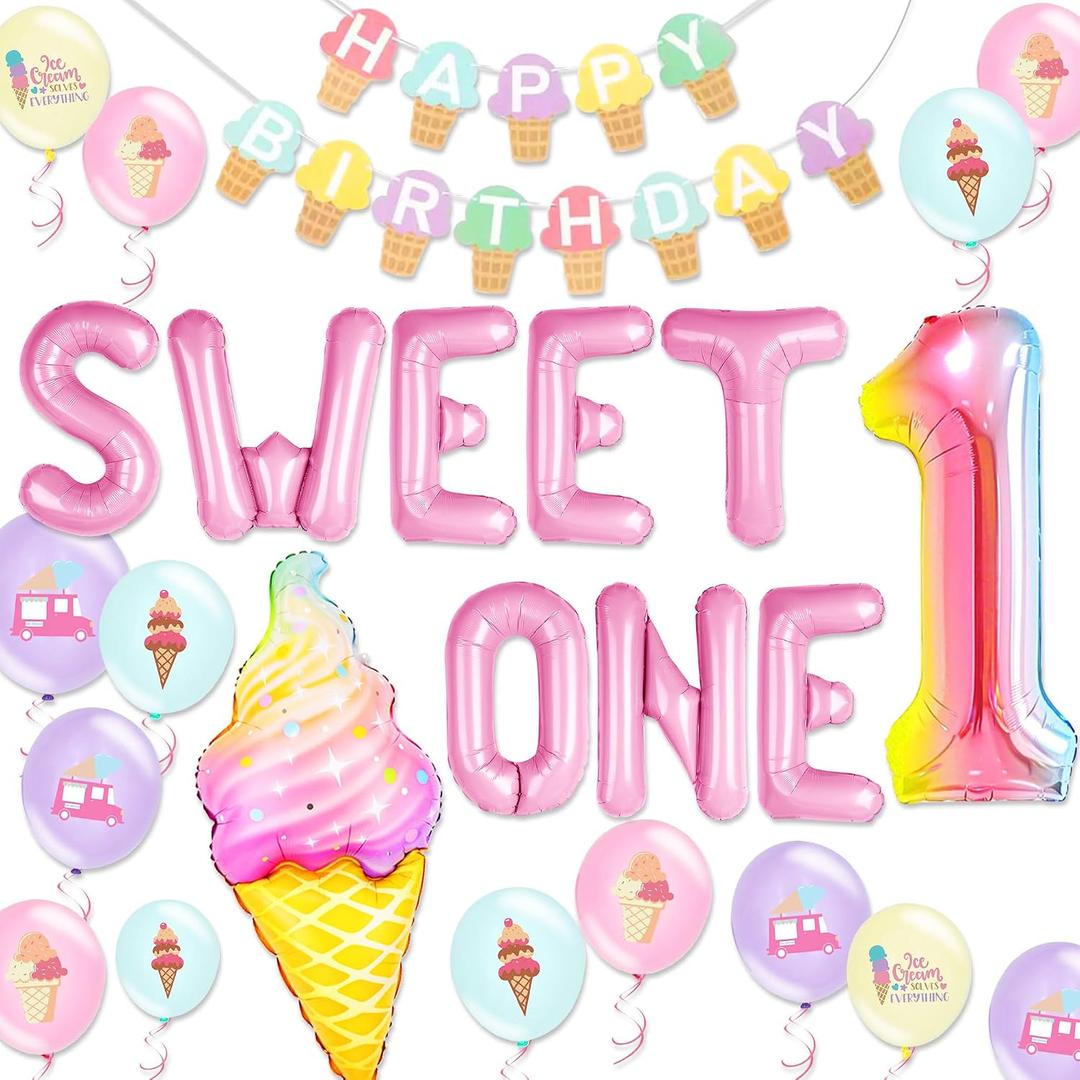 1st Birthday Decorations for Girl Sweet One Party Decorations | Donut Ice Cream Themed Party Supplies for Baby Girl 1st Birthday Party Decor Set with Balloon Backdrop Garland Banner
