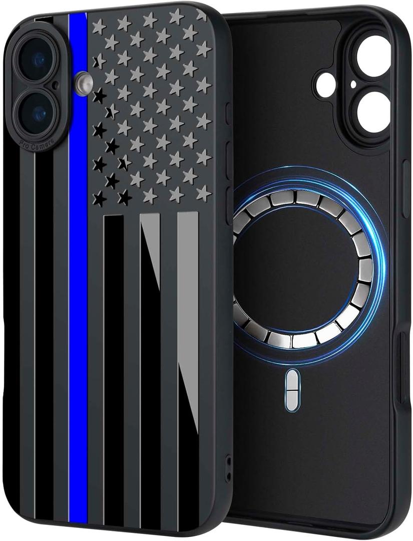 Case for iPhone 16 [Compatible with MagSafe] Thin Blue Line US USA Print Cool Design for Men Boys American Flag Stars and Stripes Patriotic Theme Soft TPU Protective Shockproof Mate Black