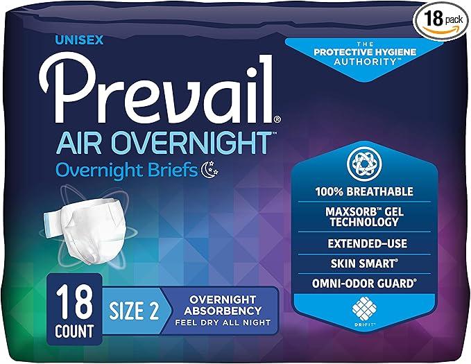 Prevail AIR Overnight Incontinence Briefs - Unisex Adult Incontinence Briefs with Tabs - Disposable Adult Diaper for Men & Women - Overnight Absorbency - Size 2, 72 Count (4 Packs of 18)