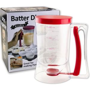 Pancake Batter Dispenser with Squeeze Handle - 4-Cup Measuring Dispenser for Pancakes/Cupcakes/Waffles/Crepes - BPA-Free Pourer with Easy Clean Design - Professional Baking Tools, Red