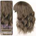 AISI HAIR Synthetic Wavy Curly Bob Wig with Bangs Brown mix Caramel Blonde Short Hair for Women Synthetic Heat Resistant Bob Wigs
