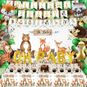 98 Pcs Woodland Animals Baby Shower Decorations Forest Animal Gender Reveal Party Supplies Woodland Themed Birthday Party Decorations Backdrop, Tablecloth, Cake Toppers, Balloons