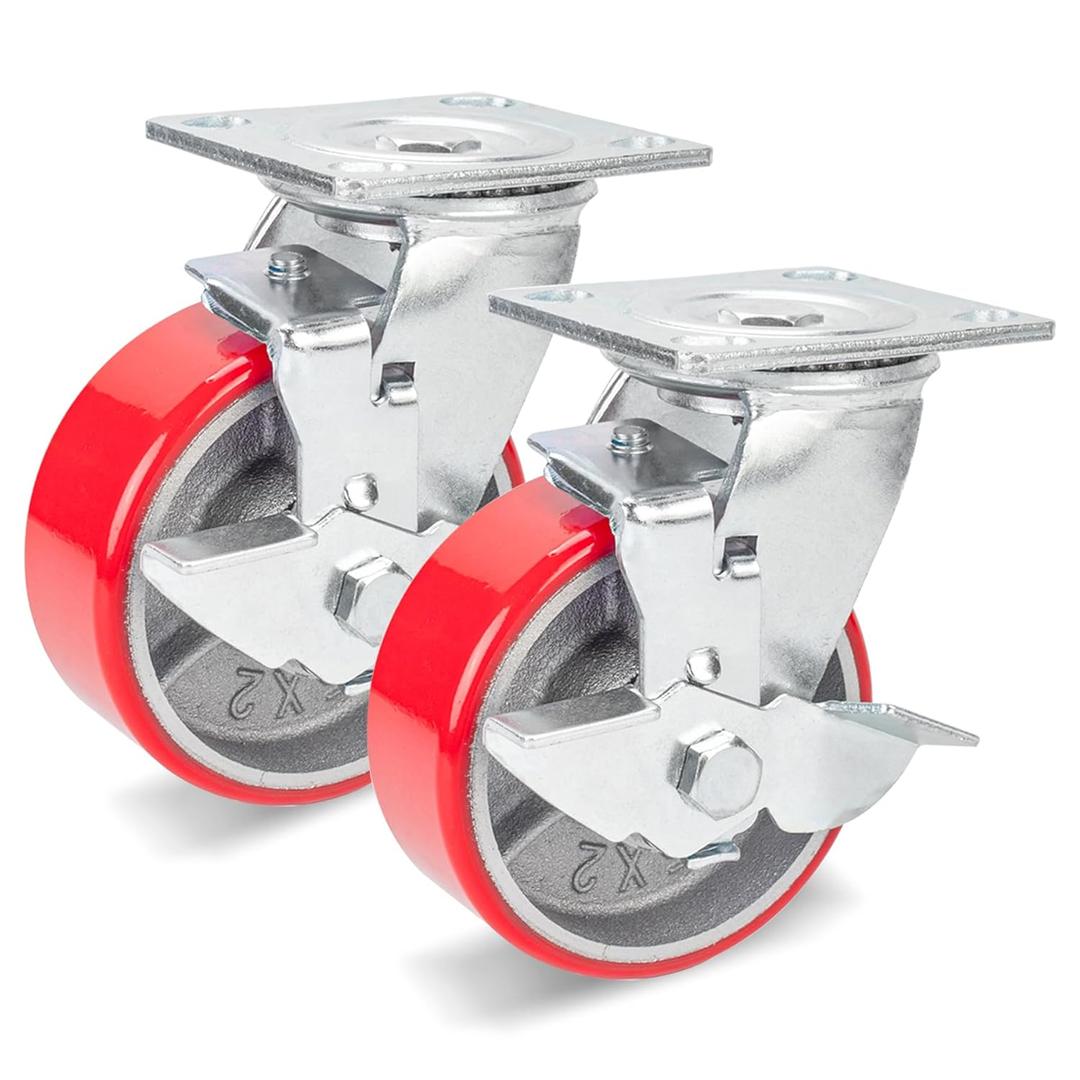 Nefish 5 Inch Industrial Casters Wheels, Heavy Duty Casters 2 Pack, No Noise Polyurethane Wheel on Steel Hub, 1000 Lbs Load Capacity Per Swivel Casters with Brake for Dollies, Platform Trucks