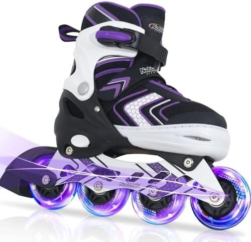 Nattork Adjustable Inline Skates for Girls and Boys with Full Light up Wheels, Beginner Roller Skates for Kids Youth Purple Pink Blue Black US 5-8