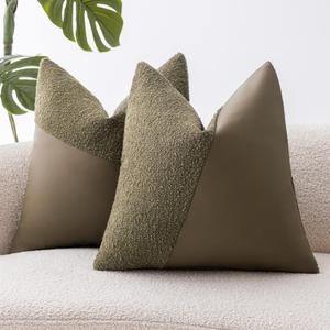 Boucle Throw Pillow Covers 20"x20" Set of 2, Moss Green Decorative Textured Cushion Covers with Faux Leather Patchwork, Boho Farmhouse Accent Pillowcases for Organic Aesthetic Home Decor