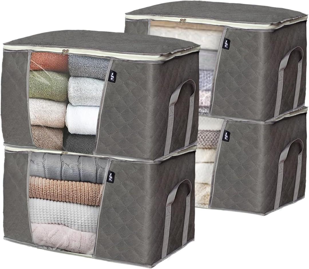 WFK handbag 4-piece set, foldable thick fabric storage bag, used for organizing bedrooms, wardrobes, and wardrobes; Can store clothes, blankets, plush toys, gray (Grey)