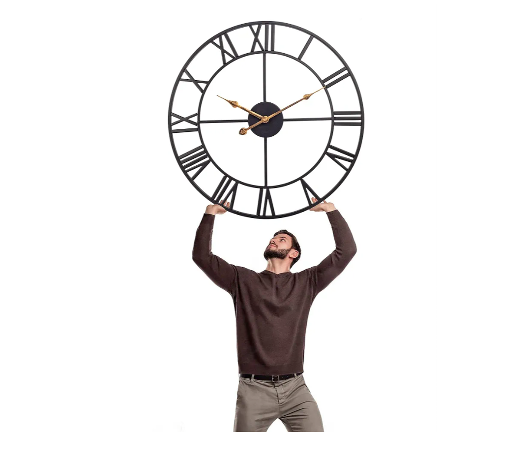 Large 30 Inch Industrial Decorative Roman Numeral Wall Clock, Black Metal, Silent Battery Operated, Vintage Indoor Outdoor Metal Clock for Living Room, Bedroom, Kitchen, Patio