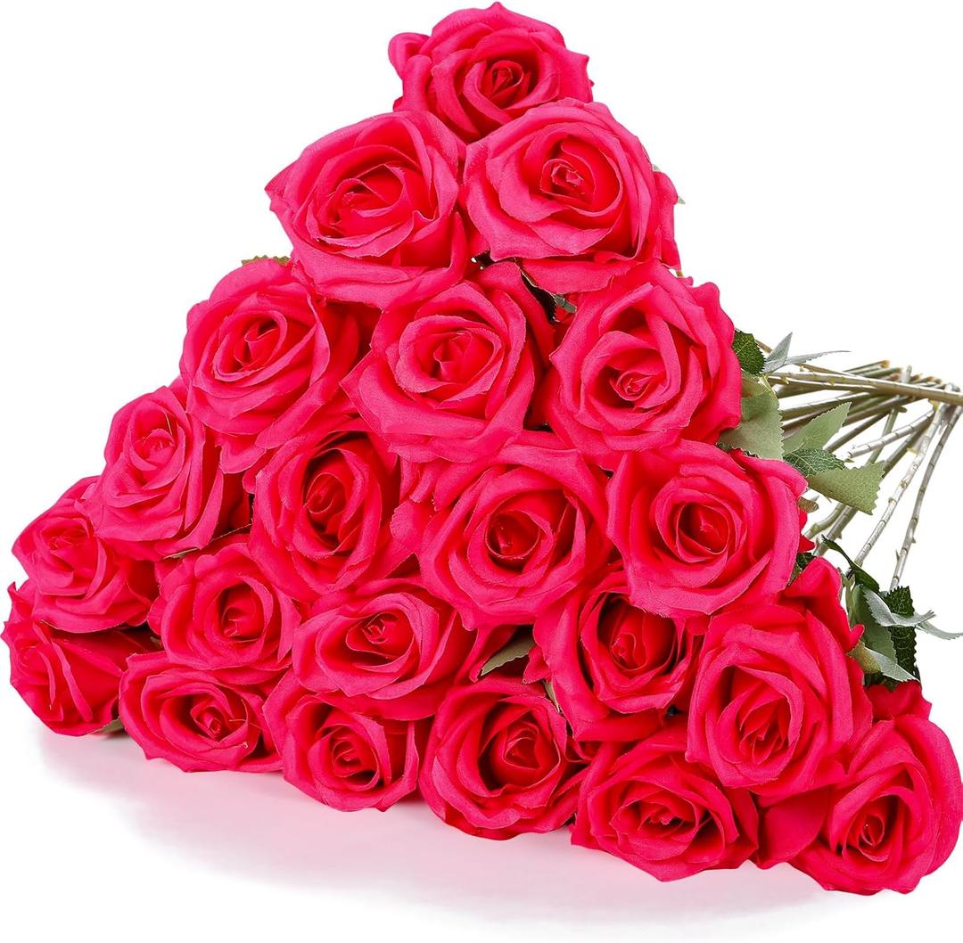 Hotop 20 Pcs Artificial Rose Flowers with Long Stem,Real Lifelike Silk Realistic Plastic Bouquet Roses Bulk for Home Decor Bridal Wedding Party Table Centerpieces Decorations(Hot Pink)