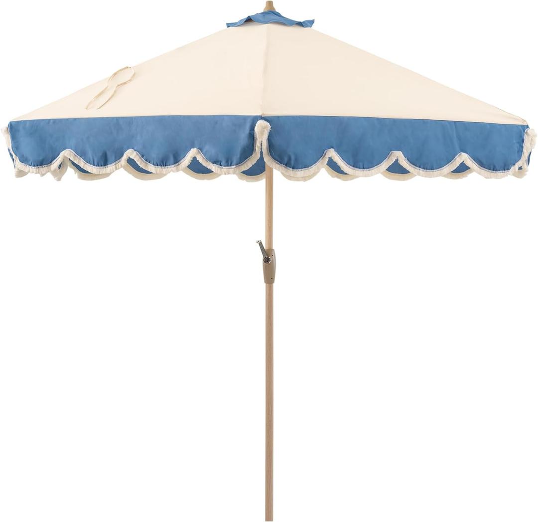 Tempera 9ft Beige Spliced Twilight Blue Tassels Scallop Patio umbrella,Outdoor Table Market Umbrellas with Crank & Pust Button Tilt, Wood Color Pole and 8 Steel Ribs