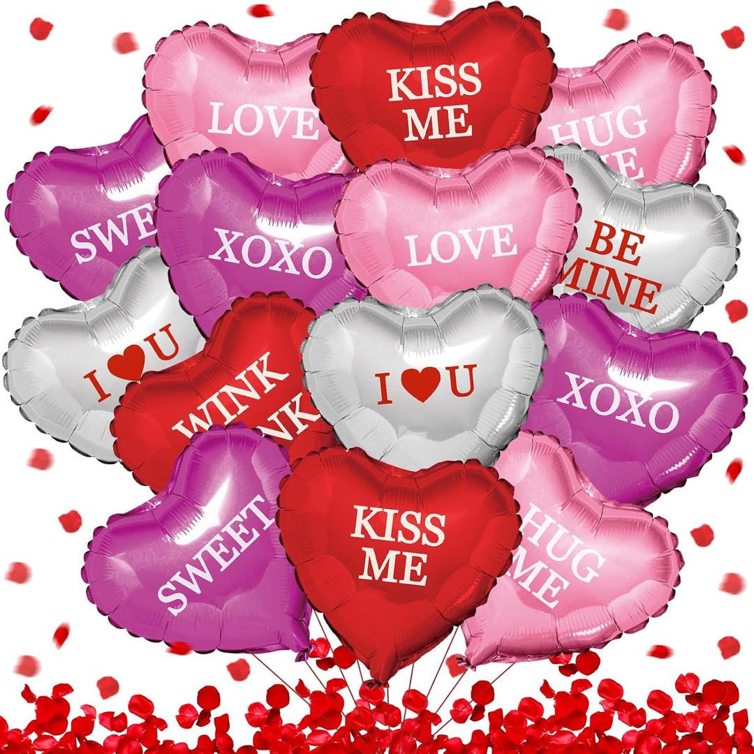 16Pcs Valentine's Day Heart Balloons with 500 Rose Petals, LOVE SWEET BE MINE Valentine Balloons Red Rose Petals Red Heart Shaped Balloons for Valentine's Day Wedding Bridal Shower Party Decor