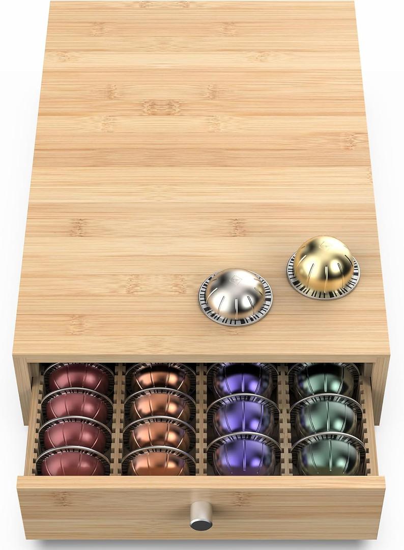 for Nespresso Vertuo Capsules (NV140) - Premium Bamboo Coffee Pod Drawer, 40 Big or 52 Small Vertuoline Pods Organizer Holder - 15.6'' Deep by 3.9'' High (Natural)