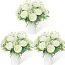 Wedding Table Dining Centerpiece Set of 3 - Small Artificial Floral Arrangements 6 Pcs Silk Rose Bouquets and 3 Pcs Metal Pot Silk Flowers in Vase for Wedding Party Home Kitchen Bathroom Dcor, Ivory