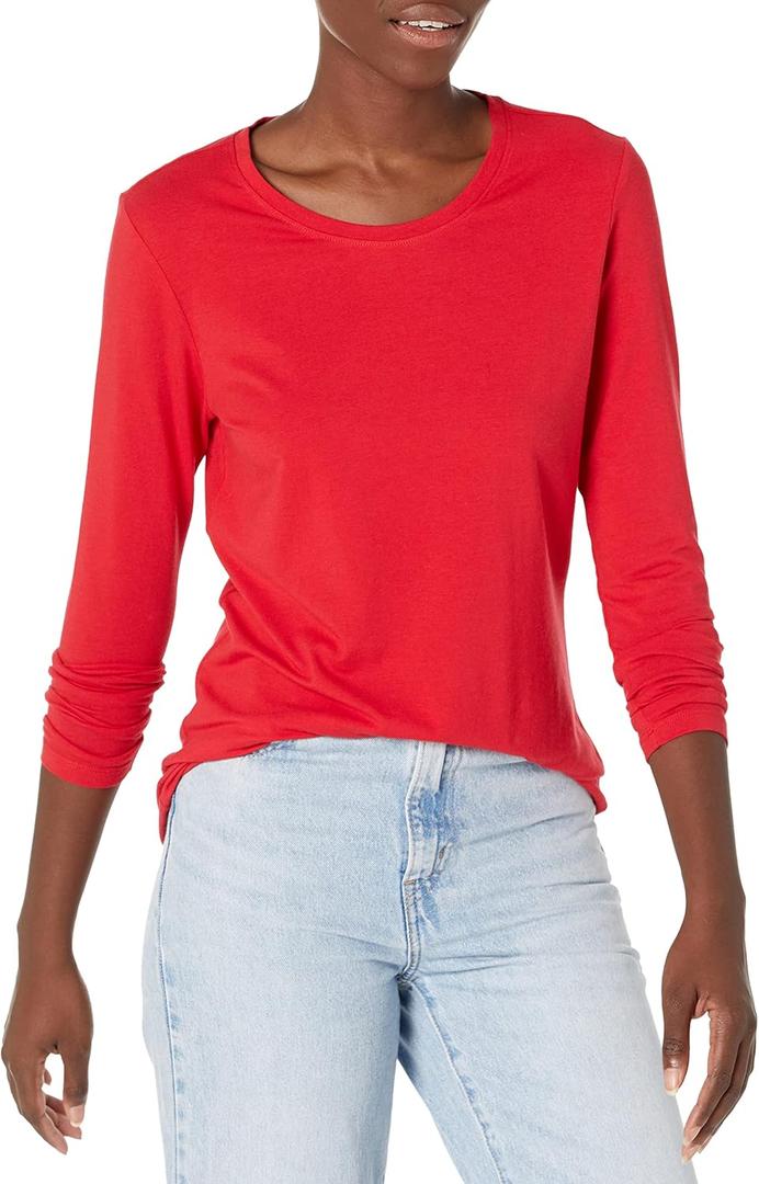 Amazon Essentials Womens Regular-Fit Long-Sleeve Crewneck T-Shirt (Large, Cherry Red)