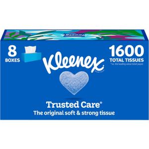 1600pcs Kleenex Trusted Care Facial Tissues, 8 Flat Boxes, 200 Tissues per Box, 2-Ply (White)