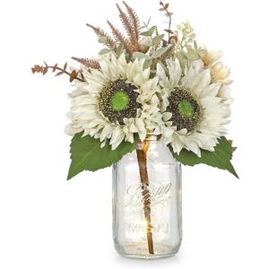 Silk Sunflowers Artificial Flowers with Mason Jar Centerpiece for Table White Fall Flowers in Vase Small Fall Floral Arrangement with Vase Thanksgiving Centerpiece for Dining Room Table Autumn Decor