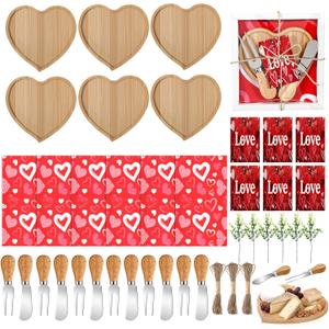LemonRoad 12 Set Heart Shaped Charcuterie Board Gift Bamboo Serving Tray with Knives Forks Kitchen Towels Thank You Tags for Weddings Bridal Shower Valentines Housewarming Birthday Party Favors