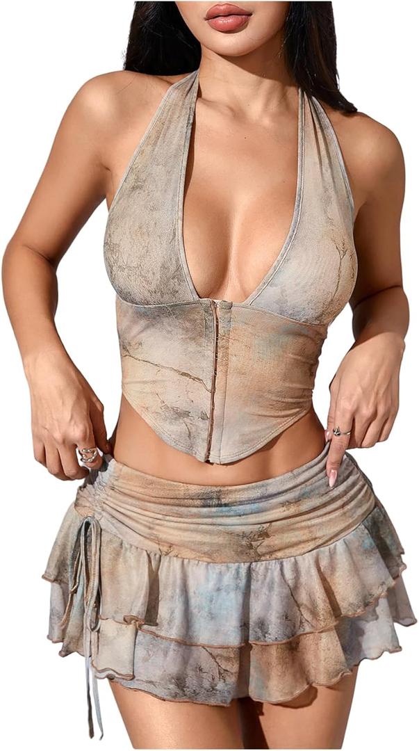 SOLY HUX Women's Y2k Skirt Sets 2 Piece Outfits Leopard Halter Crop Tops and Ruffle Layered Mini Skirt Set (Brown Tie Dye) M