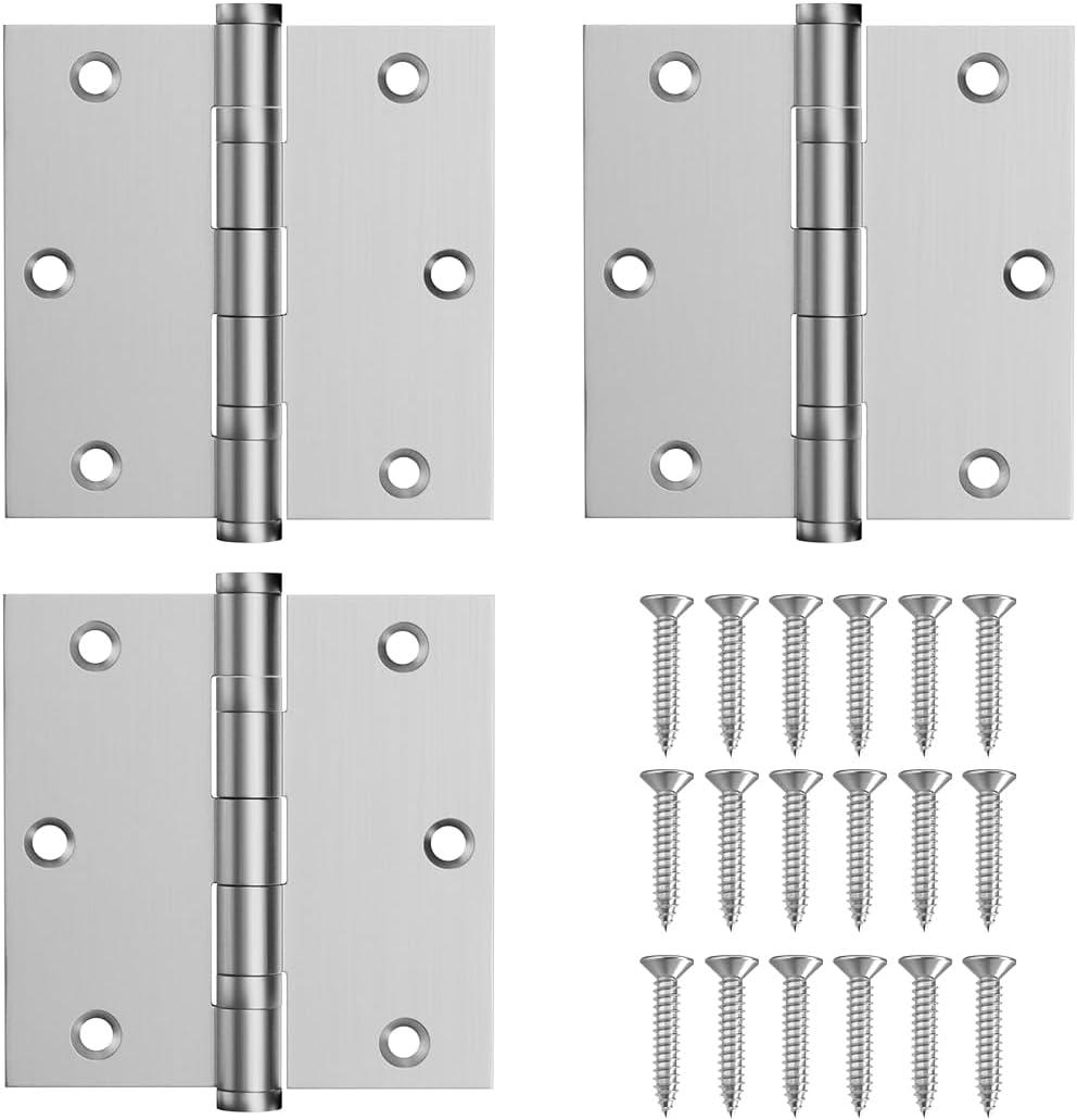 304 Stainless Steel Door Hinges,3.5 x 3.5 Inch Ball Bearing Hinges, 3 1/2 Inch Interior Door Hinges with Square Corners, Door Hardwares (3Pack, Silver)
