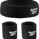 3pc Unisex Athletic Sweatband Set - 2.25in Workout Headband & 3.25in Wristbands w/Stay Dry Technology, Terry Cloth Band Moisture-Wicking Fabric | Quality Fitness Accessories for Active Comfort-Reebok (Black)