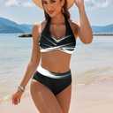 AI'MAGE Women's High Waisted Bikini Sets Tummy Control Swimsuits 2025 Two Piece Bathing Suits Color Block Halter Swim Suits, Abstract Black, L
