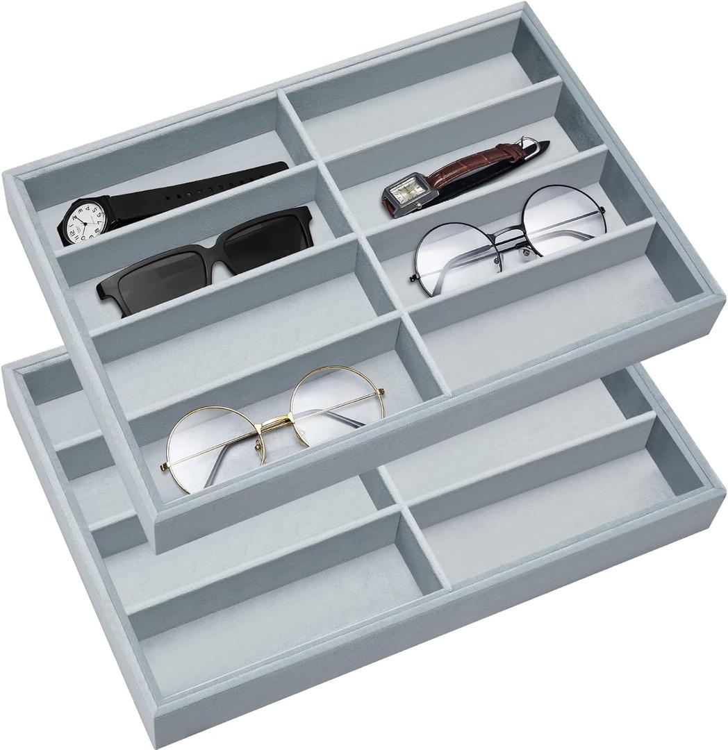 Amylove 2 Pcs Sunglass Organizer Trays Glasses Stackable Jewelry Trays Sunglass Organizer Display Box(8 Grids,Gray)