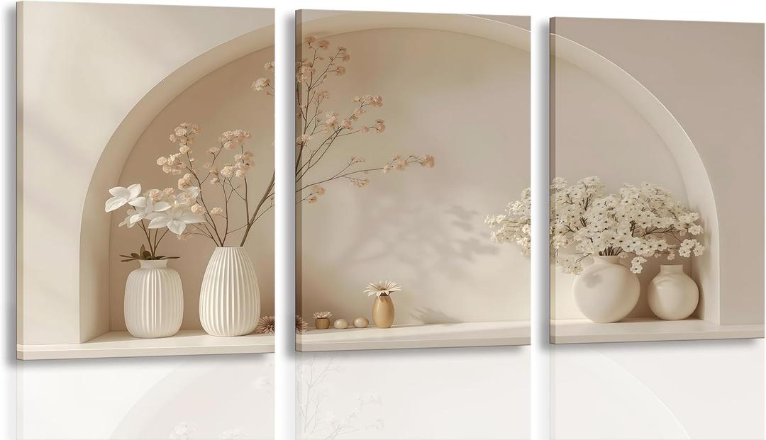3pcs Framed Canvas Wall Art Arched Wabi Sabi Niche Textured Vases Dried Florals Posters Prints Pictures Paintings Minimalist Warm Beige Wall Decor for Bedroom Living Room Bohemian Decoration, 16x24 Framed