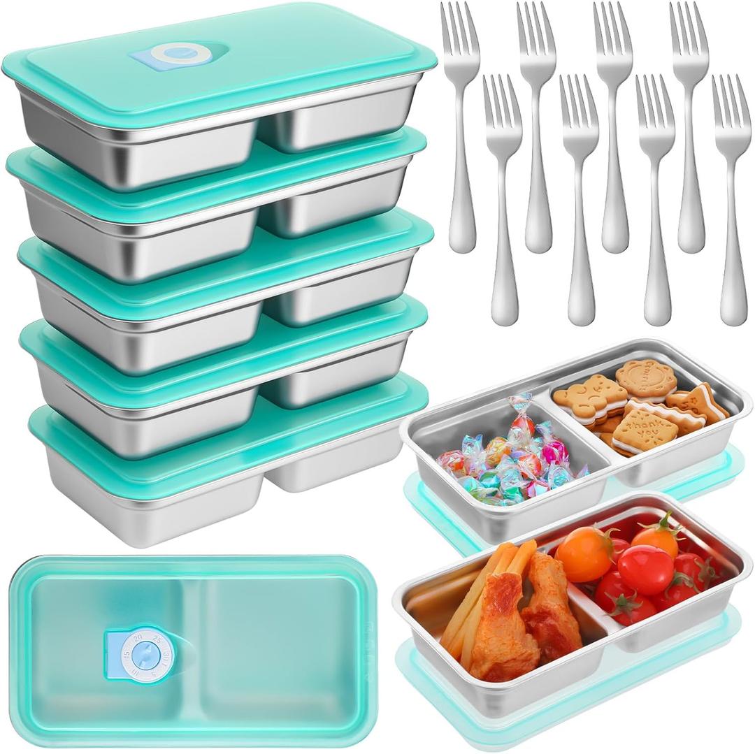 8 Pack Stainless Steel Snack Containers -15oz Reusable Grab And Go 2 Compartment Lunch Container With Forks Leakproof Lids for Travel Outdoor Camping & Lunch Prep