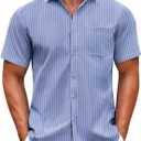 COOFANDY Mens Short Sleeve Casual Button Down Shirts Summer Untucked Dress Shirts with Pocket (Blue)