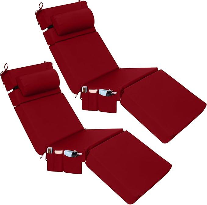 Wenqik 2 Pcs Outdoor Chaise Lounge Cushion with Pillow and Side Pocket Waterproof Lounge Chair Cushions with Pocket on Back 72 x 21 x 4 Inch Patio Pool Replacement Pad (Red)