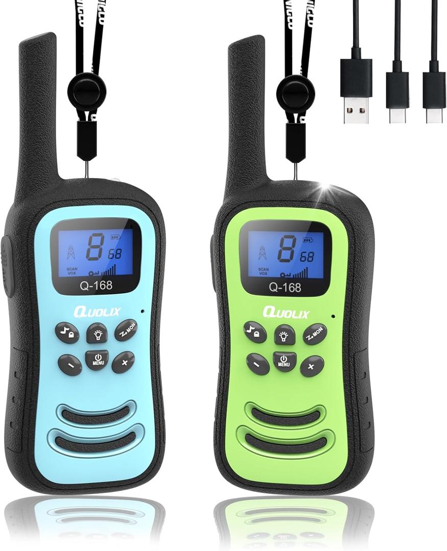 QUOLIX Walkie Talkies for Kids 2 Pack, Rechargeable Kids Walkie Talkies Toy for 3-12 YrO Boys, Long Range Walkie Talkie with 22 Channels & Flashlight Birthday Gifts for Xmas Outdoor Adventure (BlueGreen)