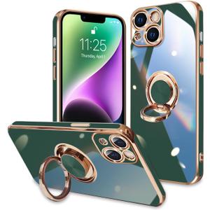 for iPhone 14 Plus Case 360 Rotatable Ring Holder Magnetic Kickstand,Support Magnetic Car Mount,Gold Plated Phone caseSoft Lightweight Protective case for iPhone 14 Plus,Dark Green