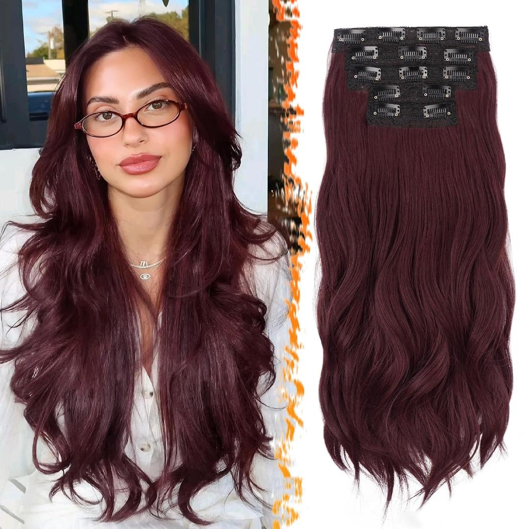 BARSDAR Dark Burgundy Clip in Hair Extensions - 20 Inch Loose Wavy Clip in Hair Extensions for Women, 5 PCS Layered Red Extension Lace Weft Voluminous Soft Synthetic Burgundy Hairpieces