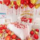 Anniversary Decorations, Happy Anniversary Banner, Hanging String Hearts, Red and Gold Balloons, Love Balloon, Red Silk Rose Petals for Wedding Bridal Shower Bachelorette Party Decorations