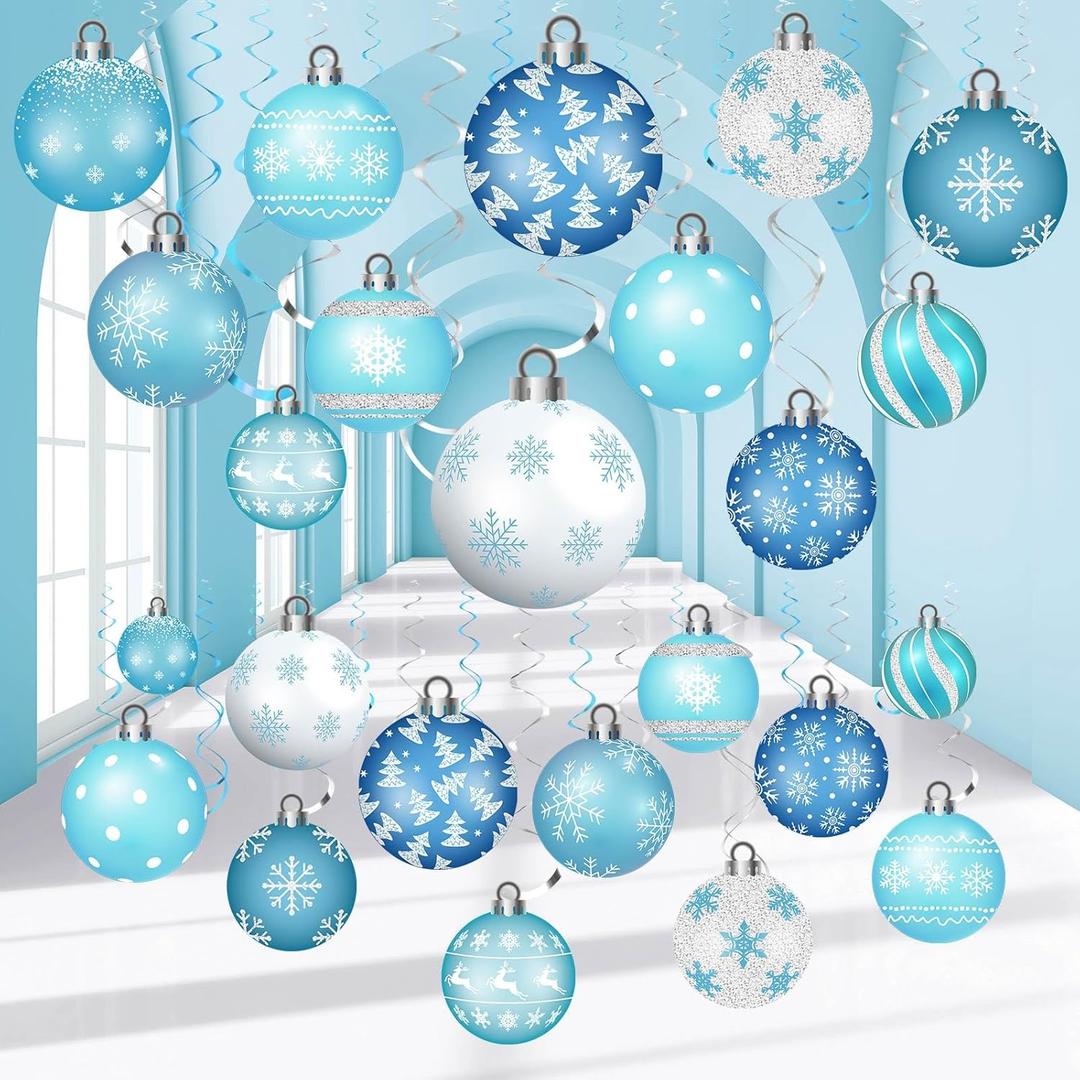 54 Pcs Winter Hanging Decorations Set Winter Hanging Foil Swirls Decor Wonderland Snowflake Ball Ornament Ceiling Decorations for Holiday Baby Shower Christmas Party Supplies (Blue)